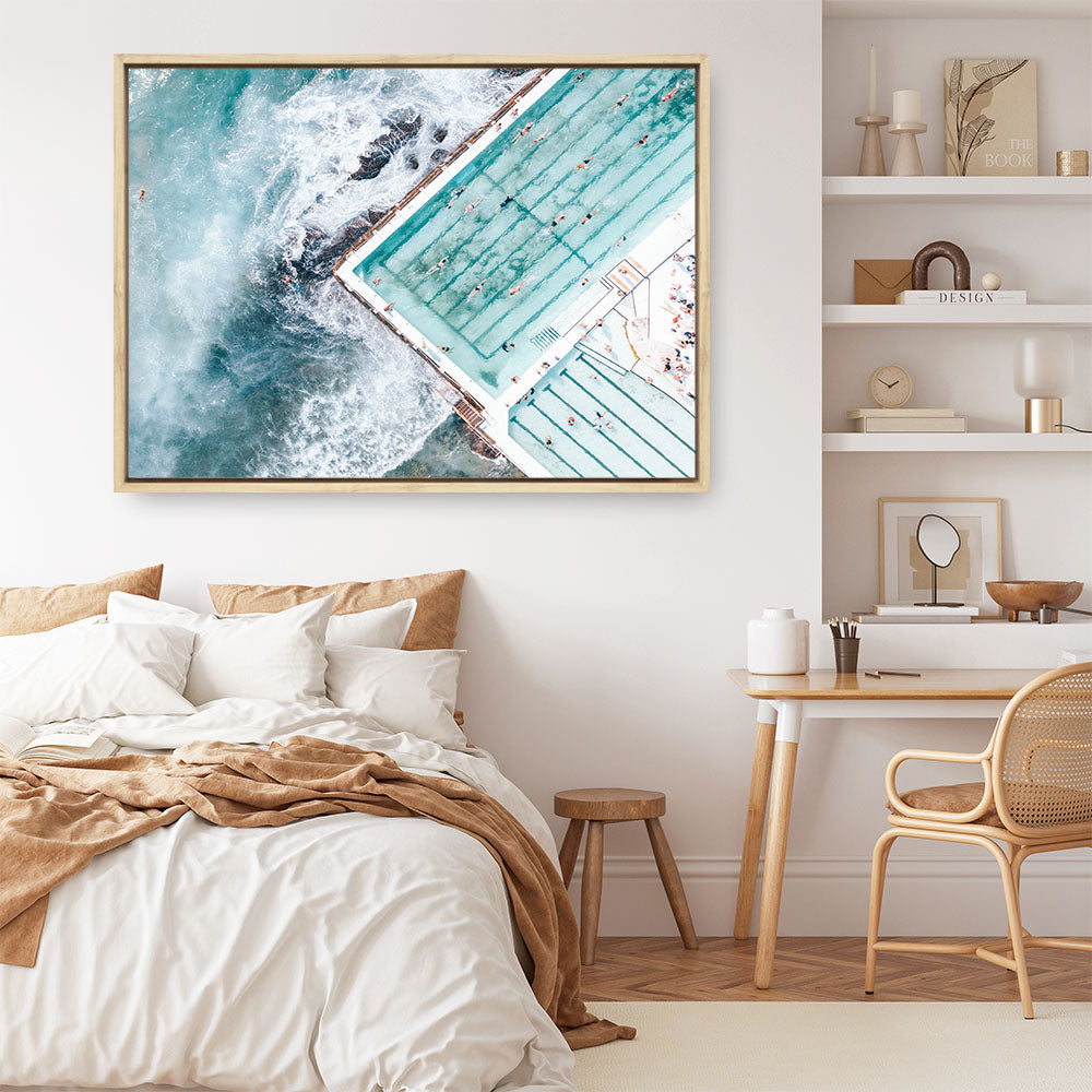 Shop Bondi Pool Aerial III Photo Canvas Print a coastal themed photography framed stretched canvas print from The Print Emporium wall artwork collection - Buy Australian made prints for the home and your interior decor space, TPE-1263-CA-35X46-NF