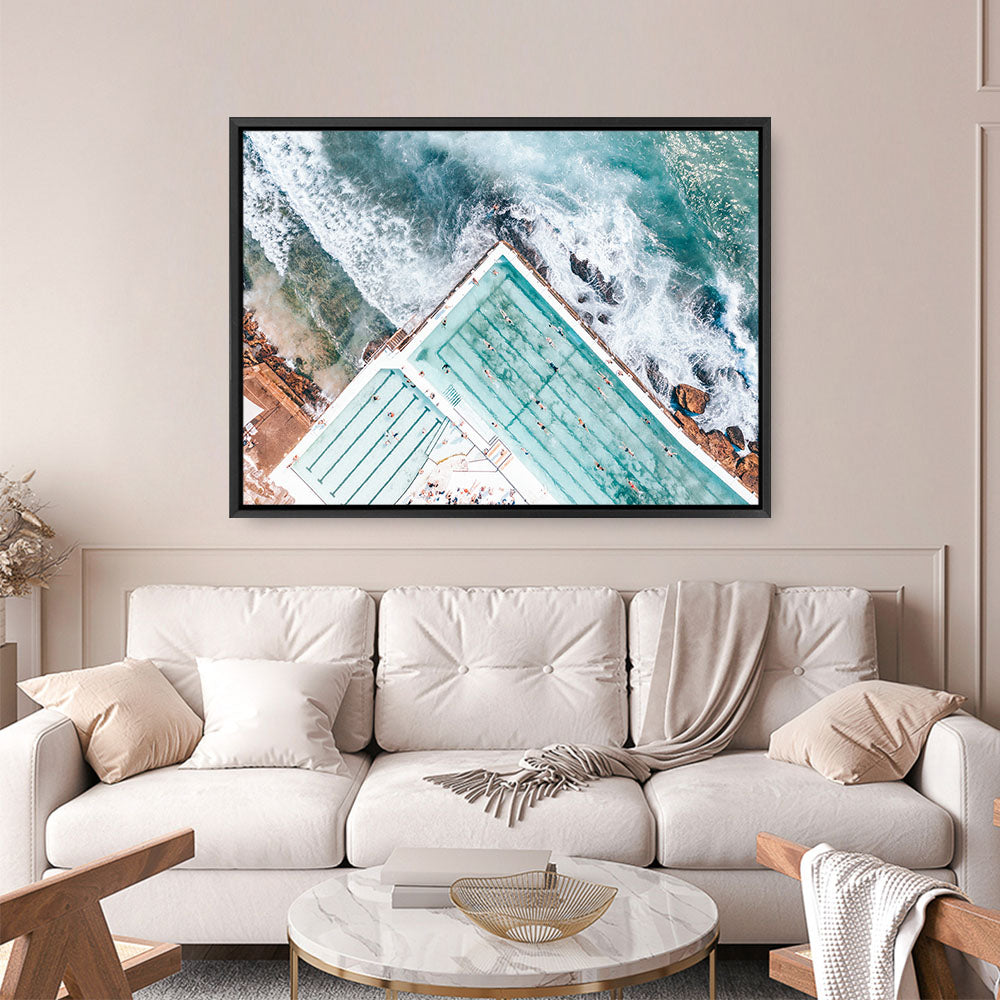 Shop Bondi Pool Aerial IV Photo Canvas Print a coastal themed photography framed stretched canvas print from The Print Emporium wall artwork collection - Buy Australian made prints for the home and your interior decor space, TPE-1264-CA-35X46-NF