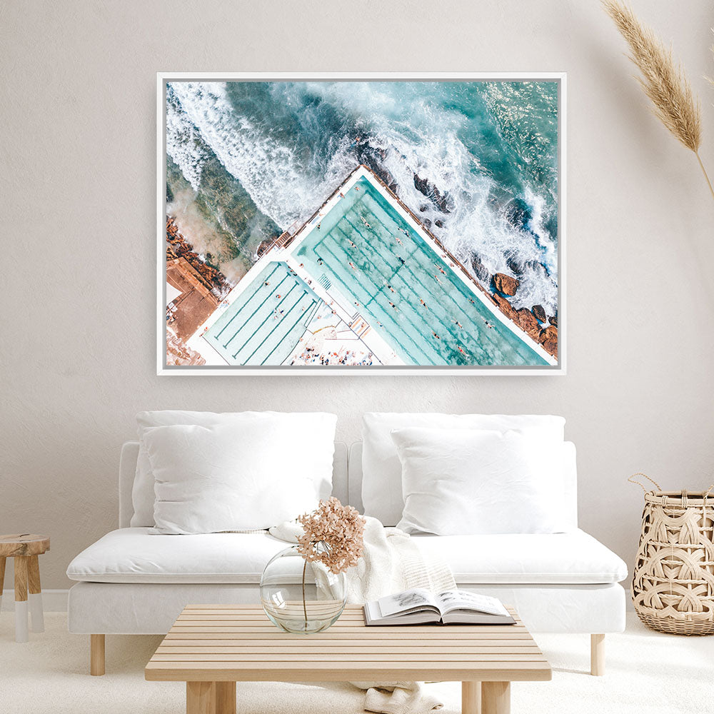 Shop Bondi Pool Aerial IV Photo Canvas Print a coastal themed photography framed stretched canvas print from The Print Emporium wall artwork collection - Buy Australian made prints for the home and your interior decor space, TPE-1264-CA-35X46-NF