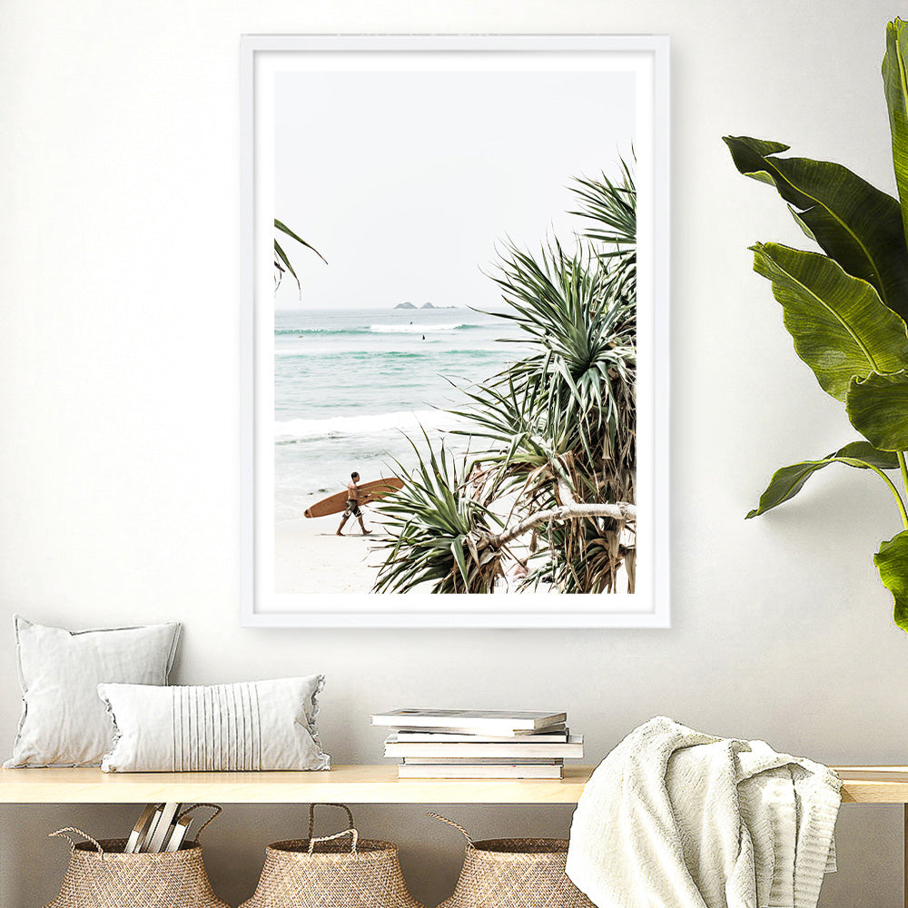 Shop Byron Bay Longboarder Photo Art Print a coastal themed photography wall art print from The Print Emporium wall artwork collection - Buy Australian made fine art poster and framed prints for the home and your interior decor, TPE-955-AP
