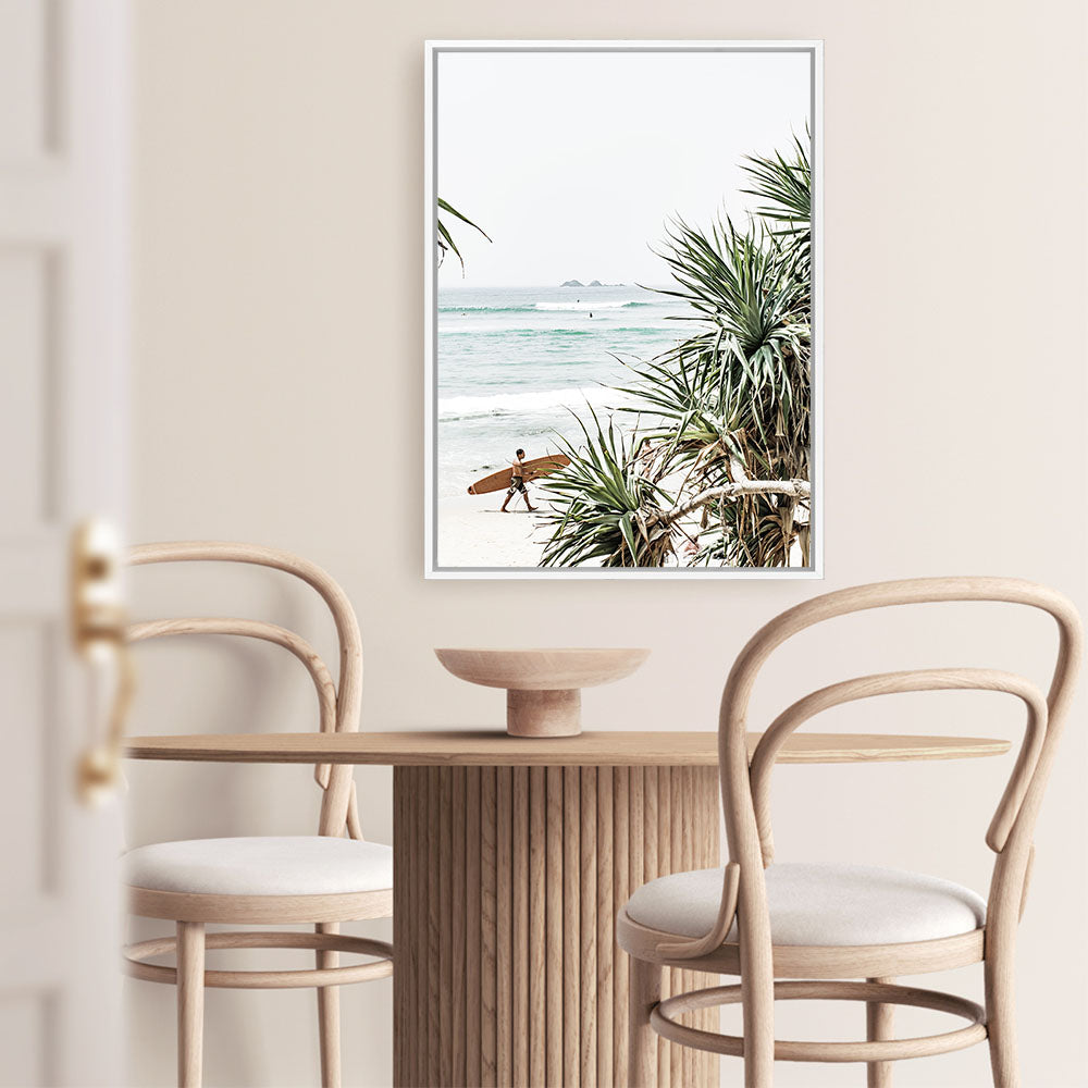 Shop Byron Bay Longboarder Photo Canvas Print a coastal themed photography framed stretched canvas print from The Print Emporium wall artwork collection - Buy Australian made prints for the home and your interior decor space, TPE-955-CA-35X46-NF