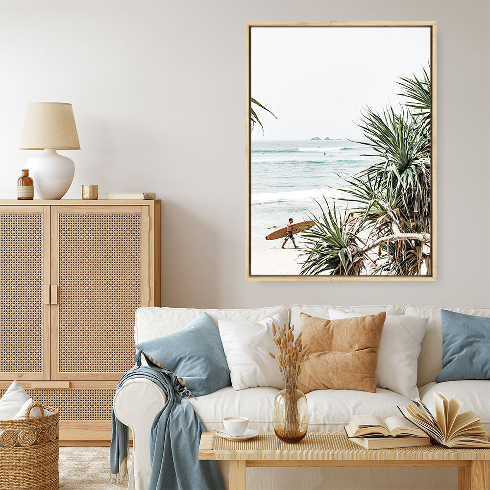 Shop Byron Bay Longboarder Photo Canvas Print a coastal themed photography framed stretched canvas print from The Print Emporium wall artwork collection - Buy Australian made prints for the home and your interior decor space, TPE-955-CA-35X46-NF