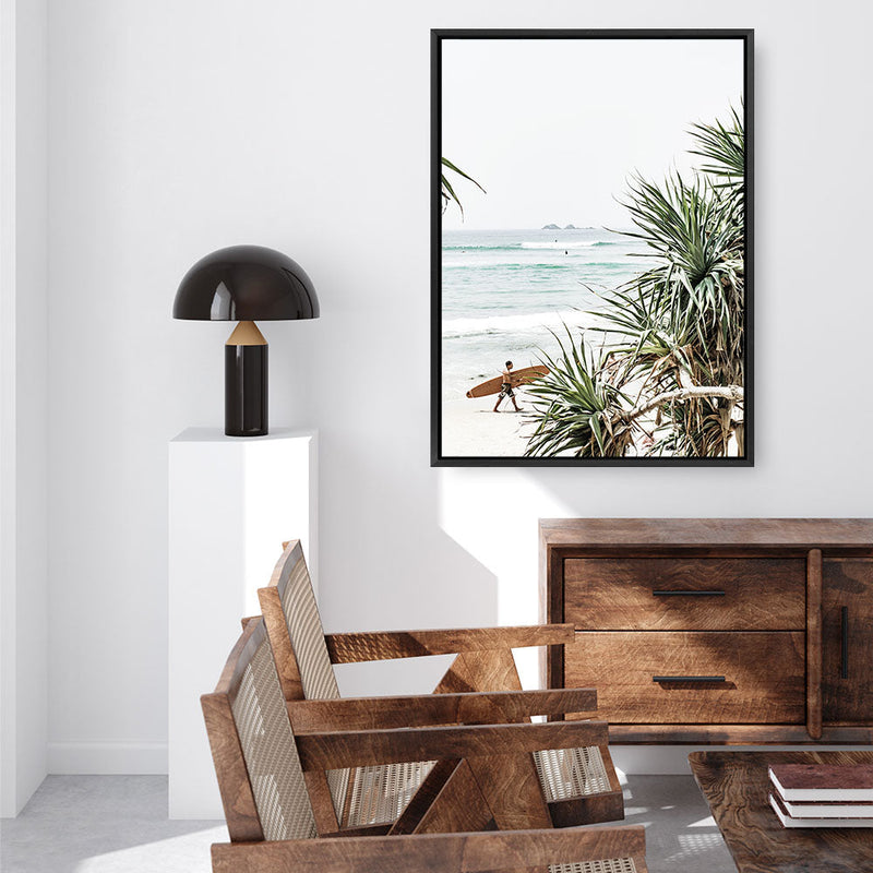 Shop Byron Bay Longboarder Photo Canvas Print a coastal themed photography framed stretched canvas print from The Print Emporium wall artwork collection - Buy Australian made prints for the home and your interior decor space, TPE-955-CA-35X46-NF