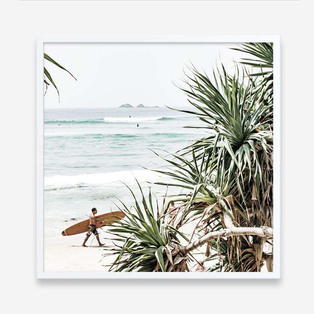 Shop Byron Bay Longboarder (Square) Photo Art Print a coastal themed photography wall art print from The Print Emporium wall artwork collection - Buy Australian made fine art poster and framed prints for the home and your interior decor, TPE-968-AP