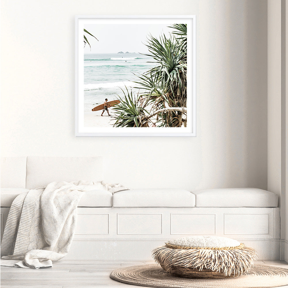 Shop Byron Bay Longboarder (Square) Photo Art Print a coastal themed photography wall art print from The Print Emporium wall artwork collection - Buy Australian made fine art poster and framed prints for the home and your interior decor, TPE-968-AP