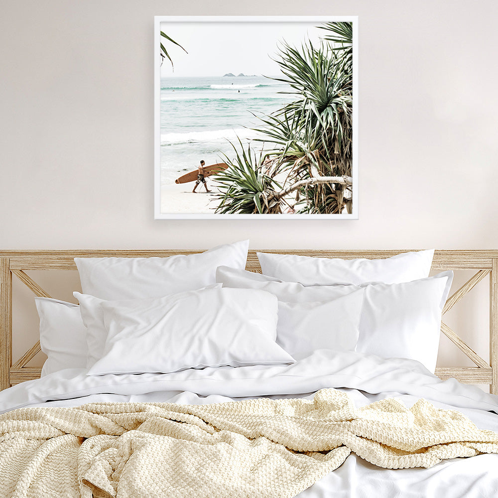 Shop Byron Bay Longboarder (Square) Photo Art Print a coastal themed photography wall art print from The Print Emporium wall artwork collection - Buy Australian made fine art poster and framed prints for the home and your interior decor, TPE-968-AP