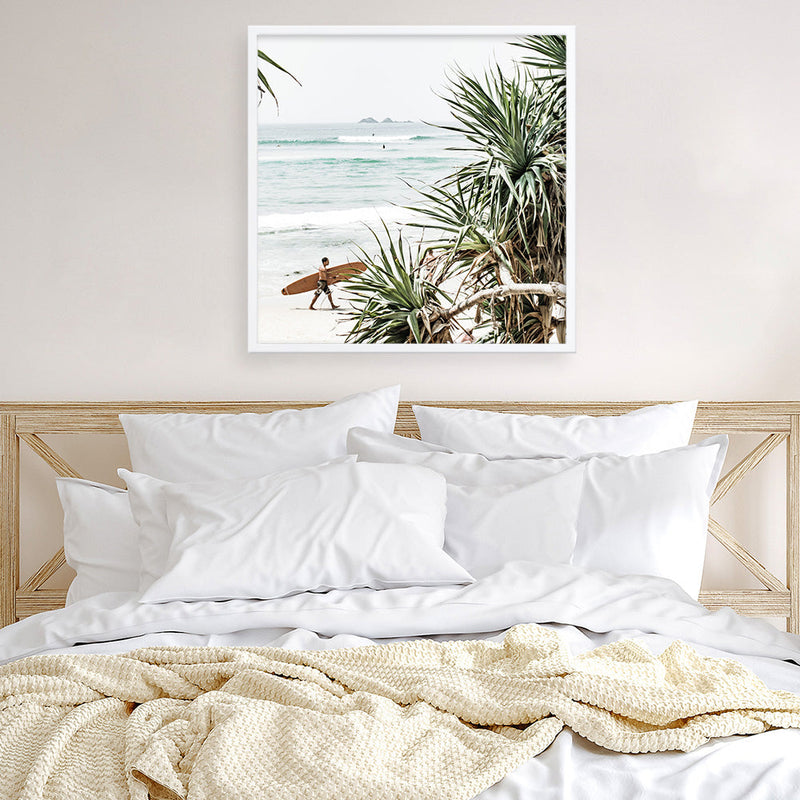 Shop Byron Bay Longboarder (Square) Photo Art Print a coastal themed photography wall art print from The Print Emporium wall artwork collection - Buy Australian made fine art poster and framed prints for the home and your interior decor, TPE-968-AP
