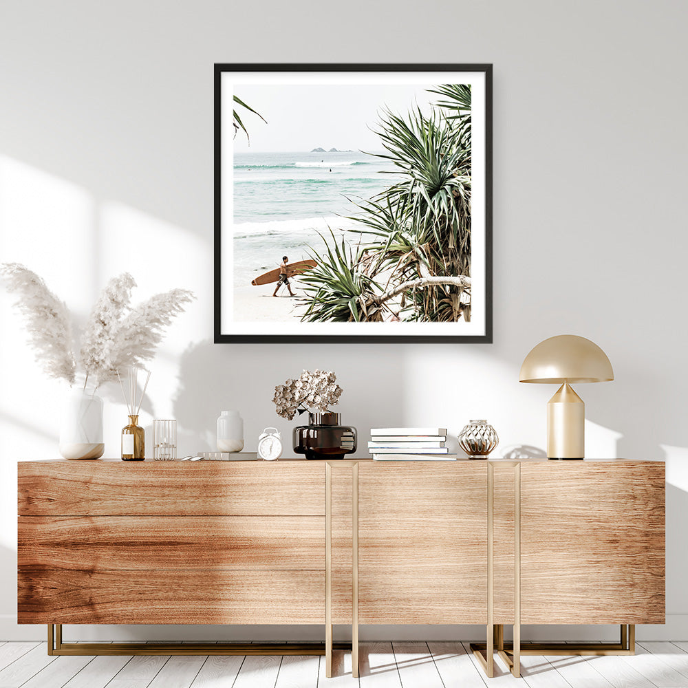 Shop Byron Bay Longboarder (Square) Photo Art Print a coastal themed photography wall art print from The Print Emporium wall artwork collection - Buy Australian made fine art poster and framed prints for the home and your interior decor, TPE-968-AP