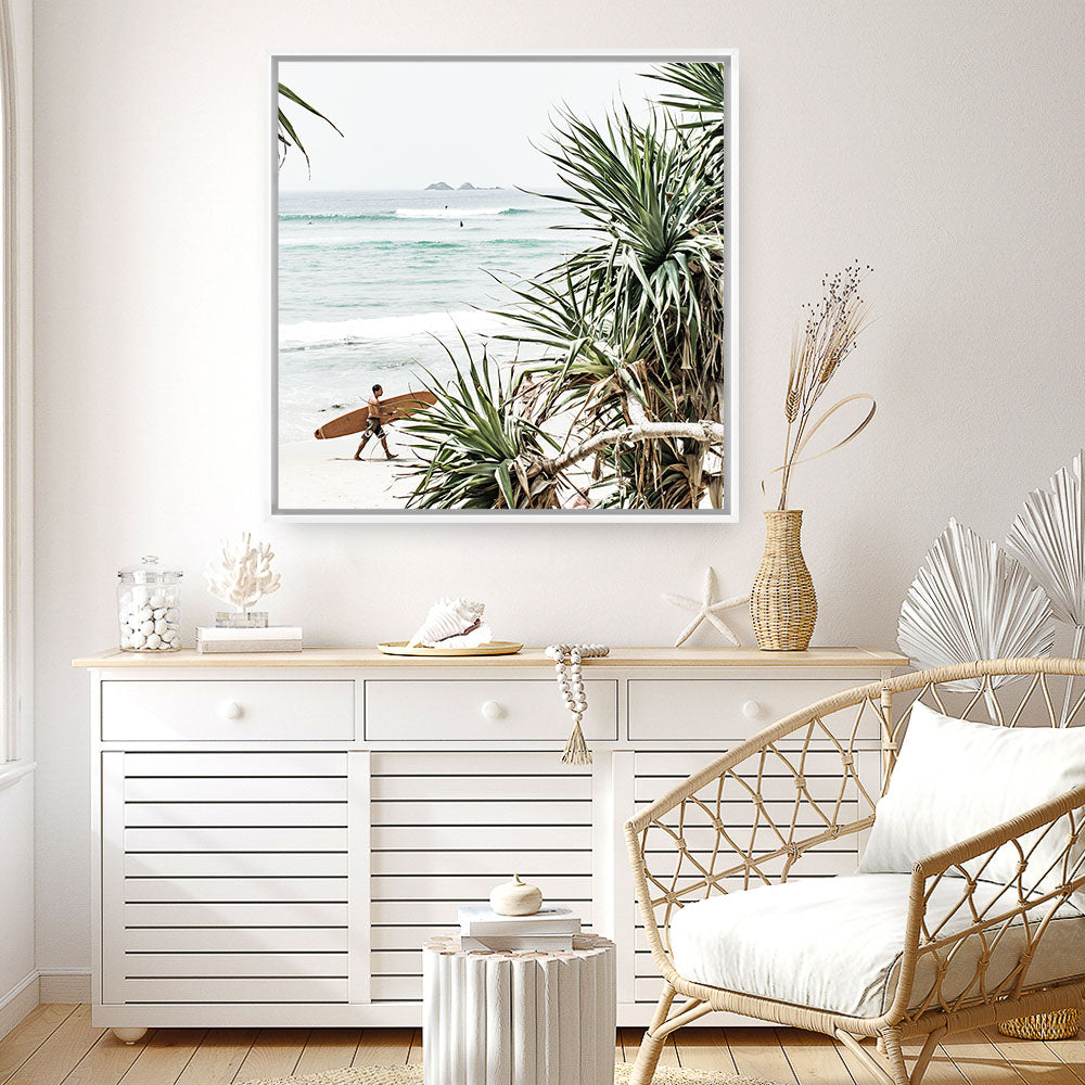 Shop Byron Bay Longboarder (Square) Photo Canvas a coastal themed photography framed stretched canvas print from The Print Emporium wall artwork collection - Buy Australian made prints for the home and your interior decor space, TPE-968-CA-40X40-NF