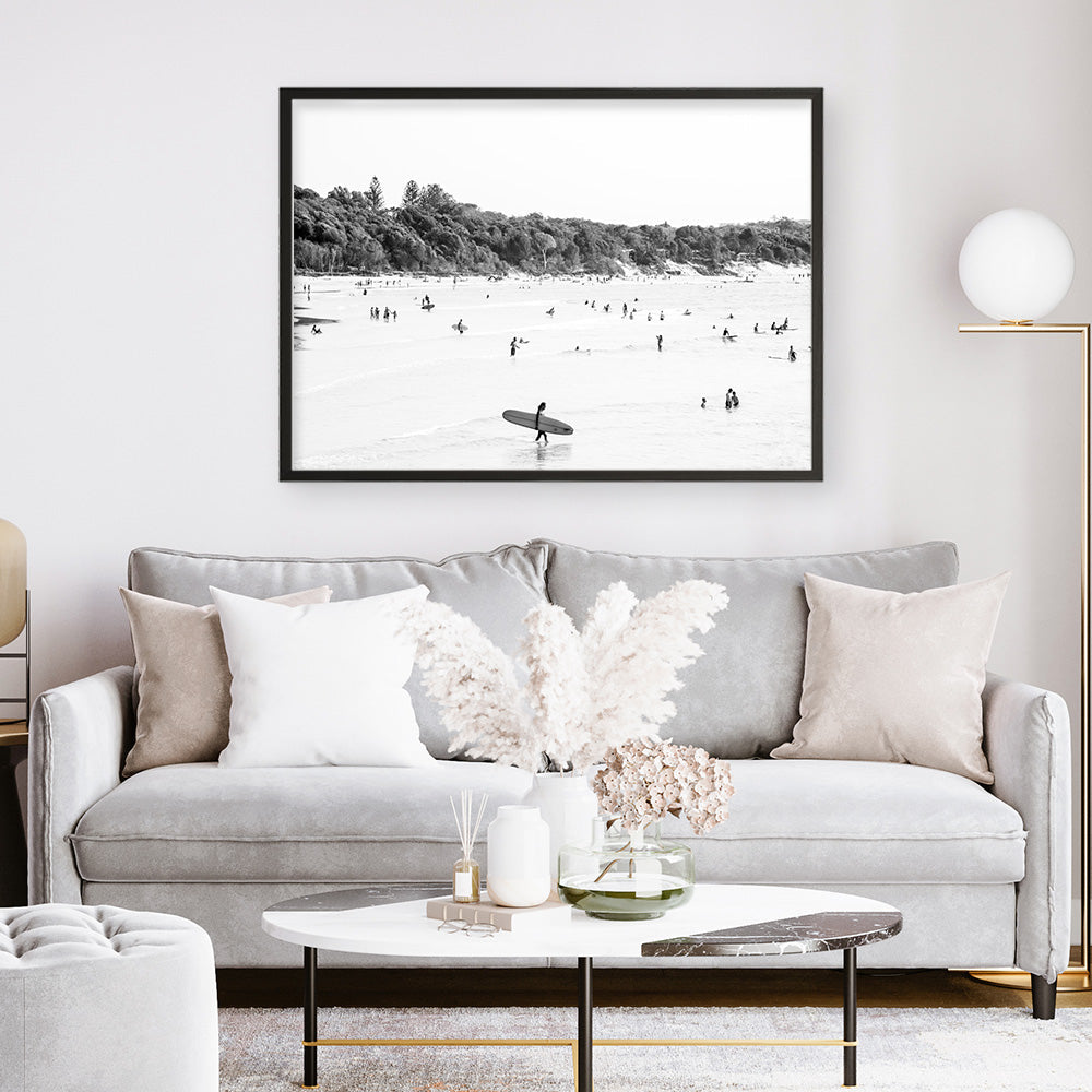 Shop Byron Surfer I B&W Photo��Art Print a coastal themed photography wall art print from The Print Emporium wall artwork collection - Buy Australian made fine art poster and framed prints for the home and your interior decor, TPE-1008-AP