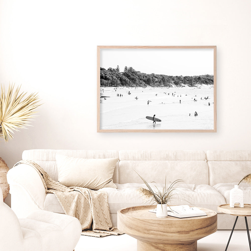 Shop Byron Surfer I B&W Photo��Art Print a coastal themed photography wall art print from The Print Emporium wall artwork collection - Buy Australian made fine art poster and framed prints for the home and your interior decor, TPE-1008-AP