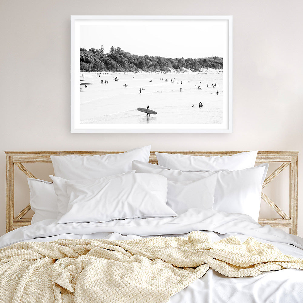 Shop Byron Surfer I B&W Photo��Art Print a coastal themed photography wall art print from The Print Emporium wall artwork collection - Buy Australian made fine art poster and framed prints for the home and your interior decor, TPE-1008-AP