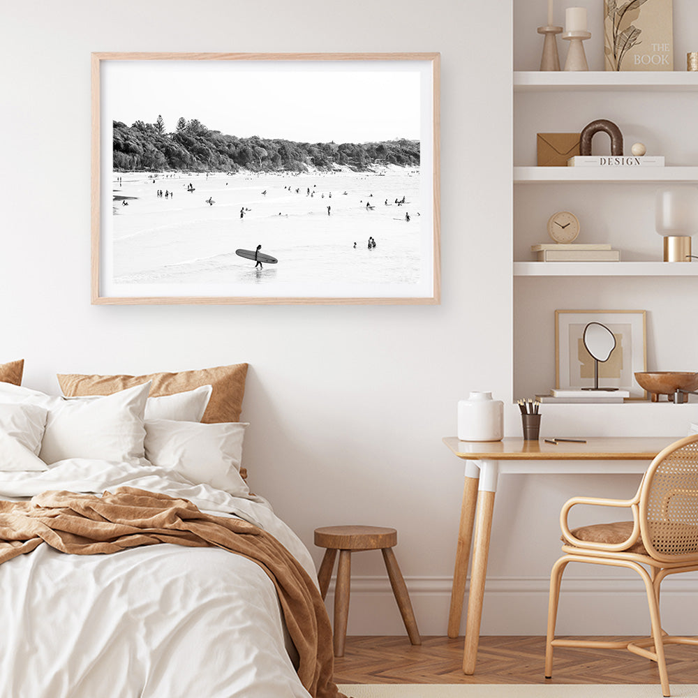 Shop Byron Surfer I B&W Photo��Art Print a coastal themed photography wall art print from The Print Emporium wall artwork collection - Buy Australian made fine art poster and framed prints for the home and your interior decor, TPE-1008-AP