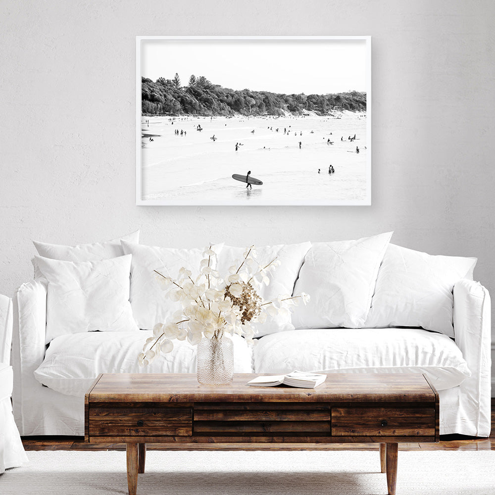 Shop Byron Surfer I B&W Photo��Art Print a coastal themed photography wall art print from The Print Emporium wall artwork collection - Buy Australian made fine art poster and framed prints for the home and your interior decor, TPE-1008-AP
