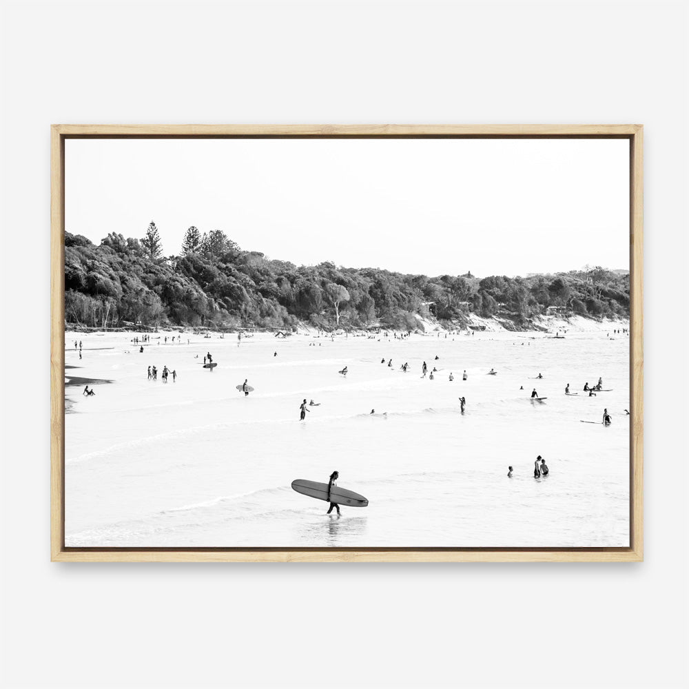 Shop Byron Surfer I B&W Photo Canvas Print a coastal themed photography framed stretched canvas print from The Print Emporium wall artwork collection - Buy Australian made prints for the home and your interior decor space, TPE-1008-CA-35X46-NF