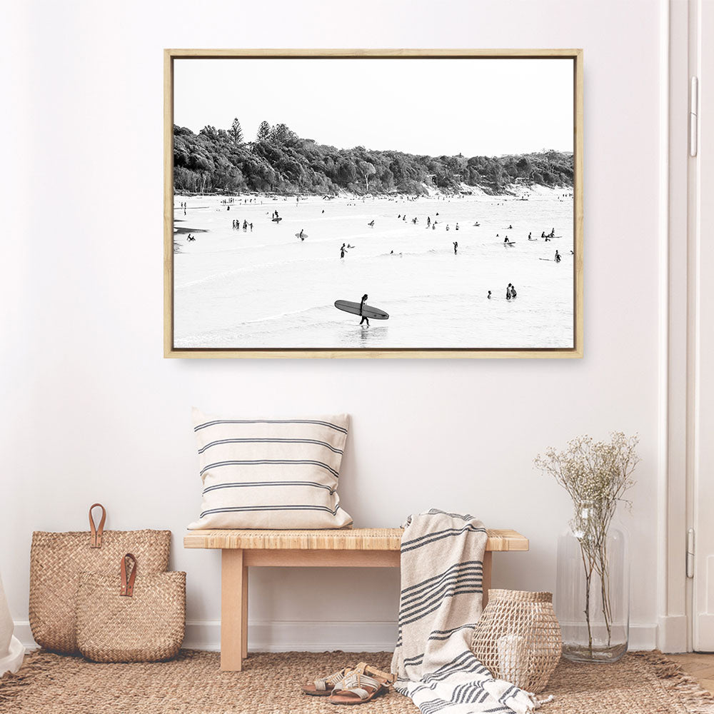 Shop Byron Surfer I B&W Photo Canvas Print a coastal themed photography framed stretched canvas print from The Print Emporium wall artwork collection - Buy Australian made prints for the home and your interior decor space, TPE-1008-CA-35X46-NF