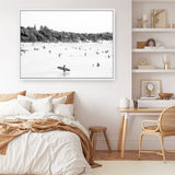 Shop Byron Surfer I B&W Photo Canvas Print a coastal themed photography framed stretched canvas print from The Print Emporium wall artwork collection - Buy Australian made prints for the home and your interior decor space, TPE-1008-CA-35X46-NF