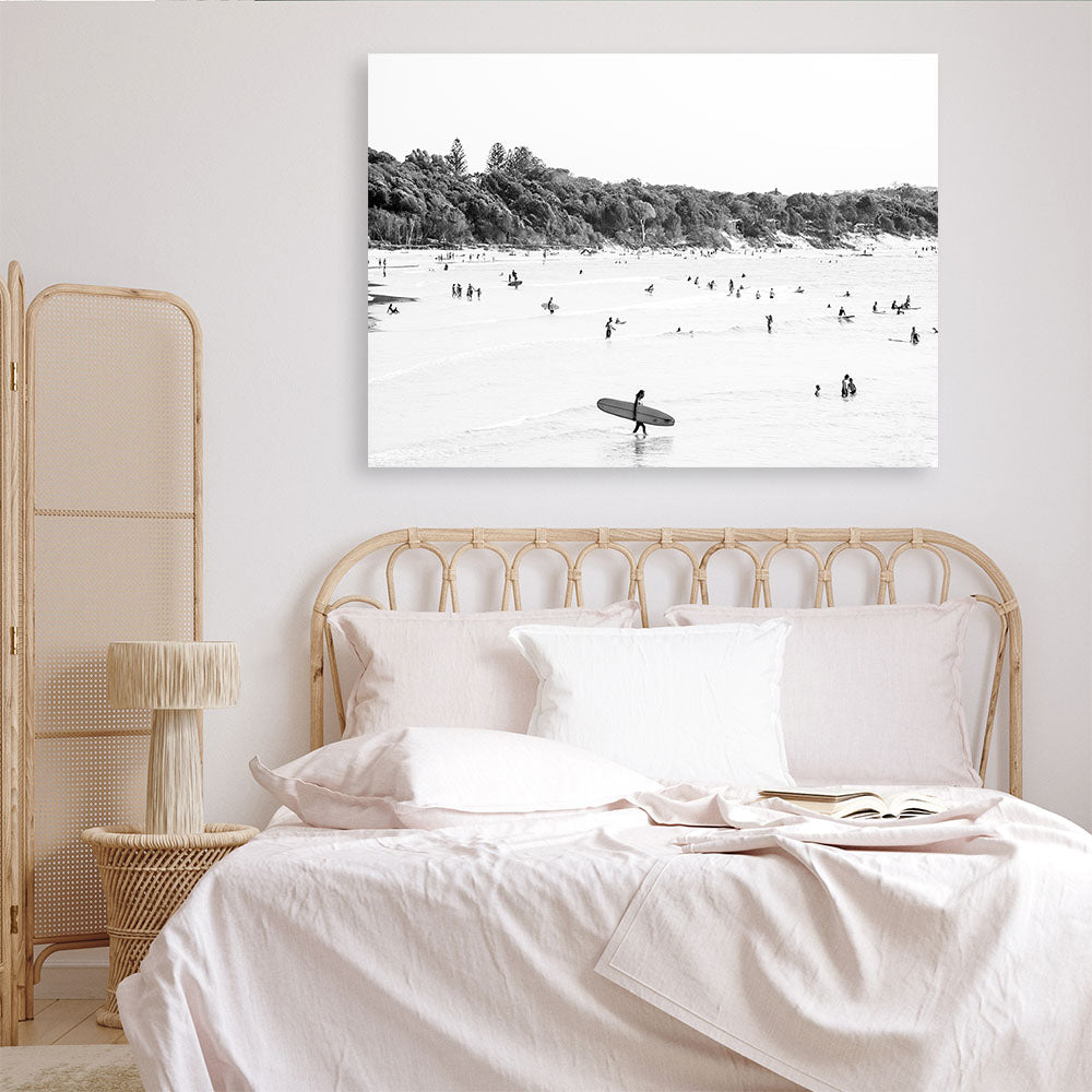 Shop Byron Surfer I B&W Photo Canvas Print a coastal themed photography framed stretched canvas print from The Print Emporium wall artwork collection - Buy Australian made prints for the home and your interior decor space, TPE-1008-CA-35X46-NF