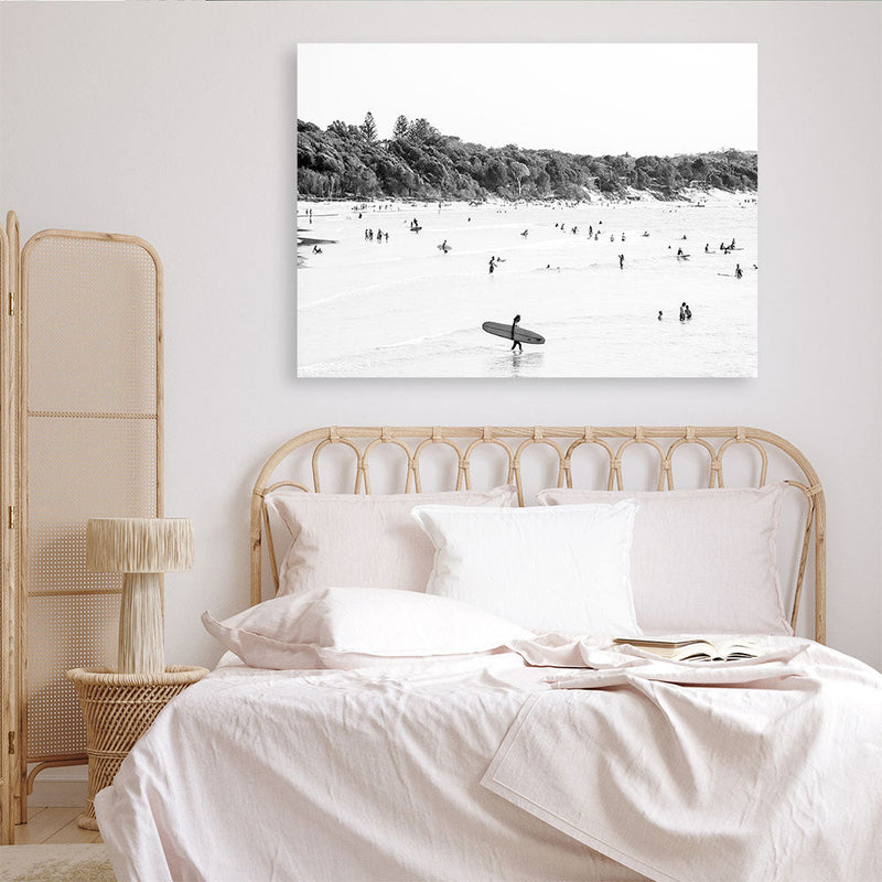 Shop Byron Surfer I B&W Photo Canvas Print a coastal themed photography framed stretched canvas print from The Print Emporium wall artwork collection - Buy Australian made prints for the home and your interior decor space, TPE-1008-CA-35X46-NF