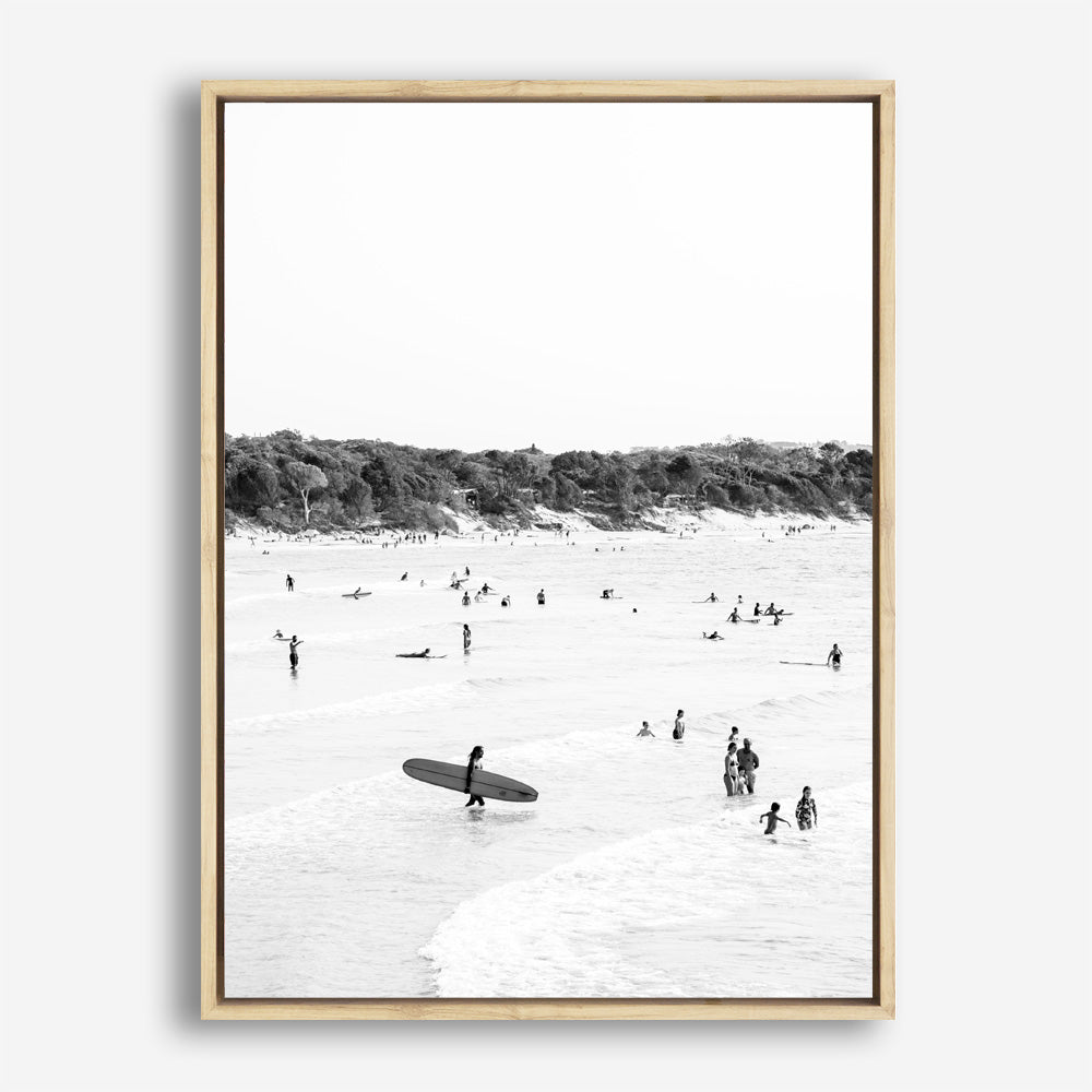 Shop Byron Surfer II B&W Photo Canvas Print a coastal themed photography framed stretched canvas print from The Print Emporium wall artwork collection - Buy Australian made prints for the home and your interior decor space, TPE-1009-CA-35X46-NF