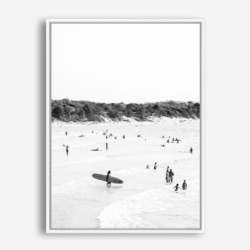Shop Byron Surfer II B&W Photo Canvas Print a coastal themed photography framed stretched canvas print from The Print Emporium wall artwork collection - Buy Australian made prints for the home and your interior decor space, TPE-1009-CA-35X46-NF