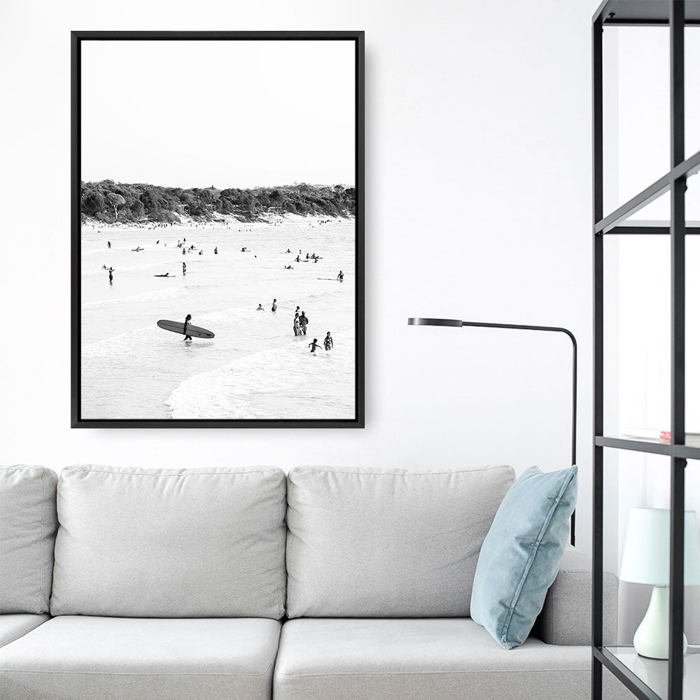 Shop Byron Surfer II B&W Photo Canvas Print a coastal themed photography framed stretched canvas print from The Print Emporium wall artwork collection - Buy Australian made prints for the home and your interior decor space, TPE-1009-CA-35X46-NF
