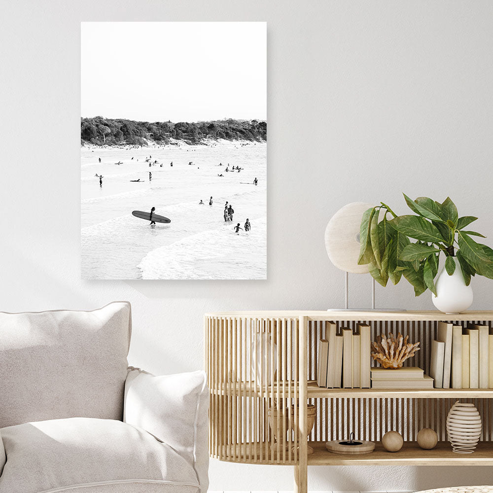 Shop Byron Surfer II B&W Photo Canvas Print a coastal themed photography framed stretched canvas print from The Print Emporium wall artwork collection - Buy Australian made prints for the home and your interior decor space, TPE-1009-CA-35X46-NF