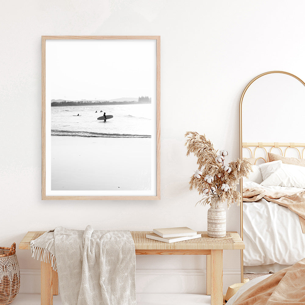 Shop Byron Surfer III B&W Photo Art Print a coastal themed photography wall art print from The Print Emporium wall artwork collection - Buy Australian made fine art poster and framed prints for the home and your interior decor, TPE-1047-AP