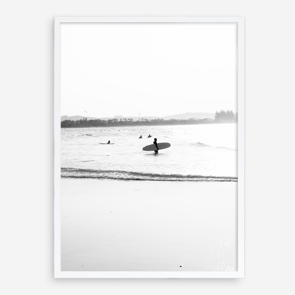 Shop Byron Surfer III B&W Photo Art Print a coastal themed photography wall art print from The Print Emporium wall artwork collection - Buy Australian made fine art poster and framed prints for the home and your interior decor, TPE-1047-AP