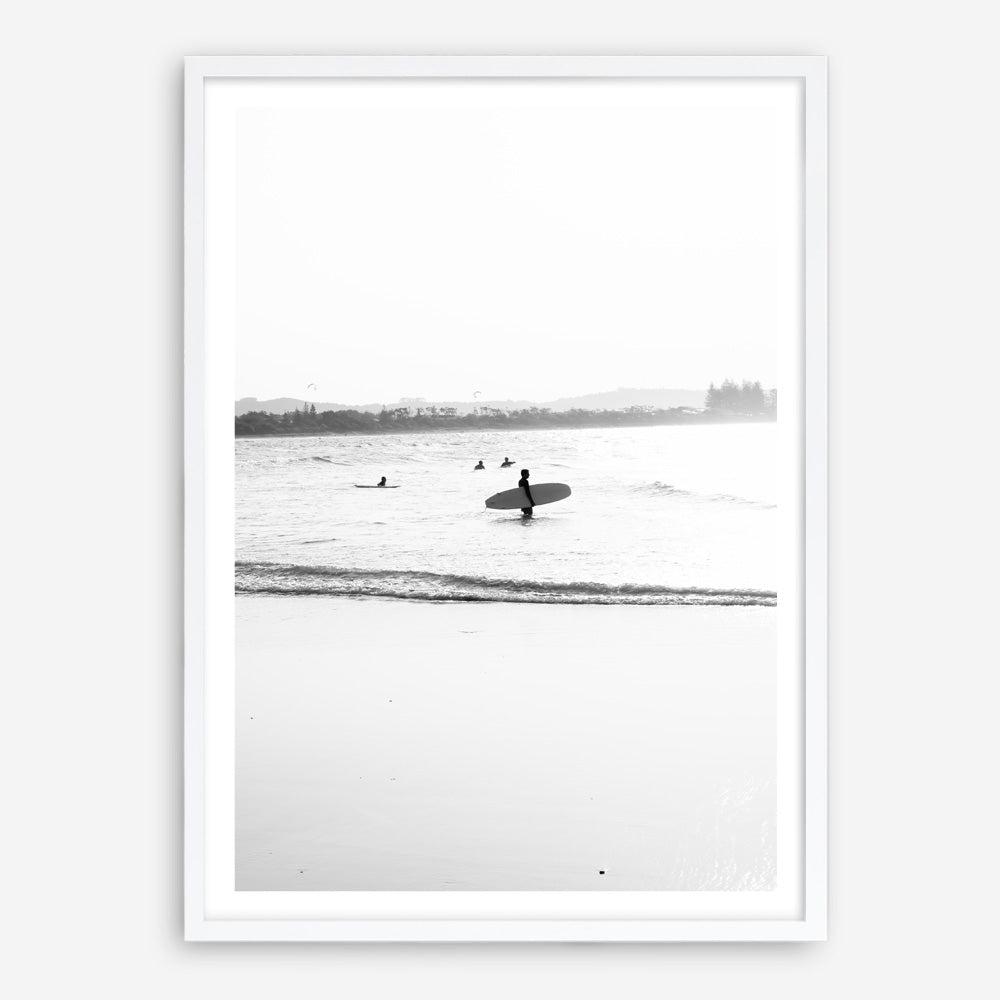 Shop Byron Surfer III B&W Photo Art Print a coastal themed photography wall art print from The Print Emporium wall artwork collection - Buy Australian made fine art poster and framed prints for the home and your interior decor, TPE-1047-AP