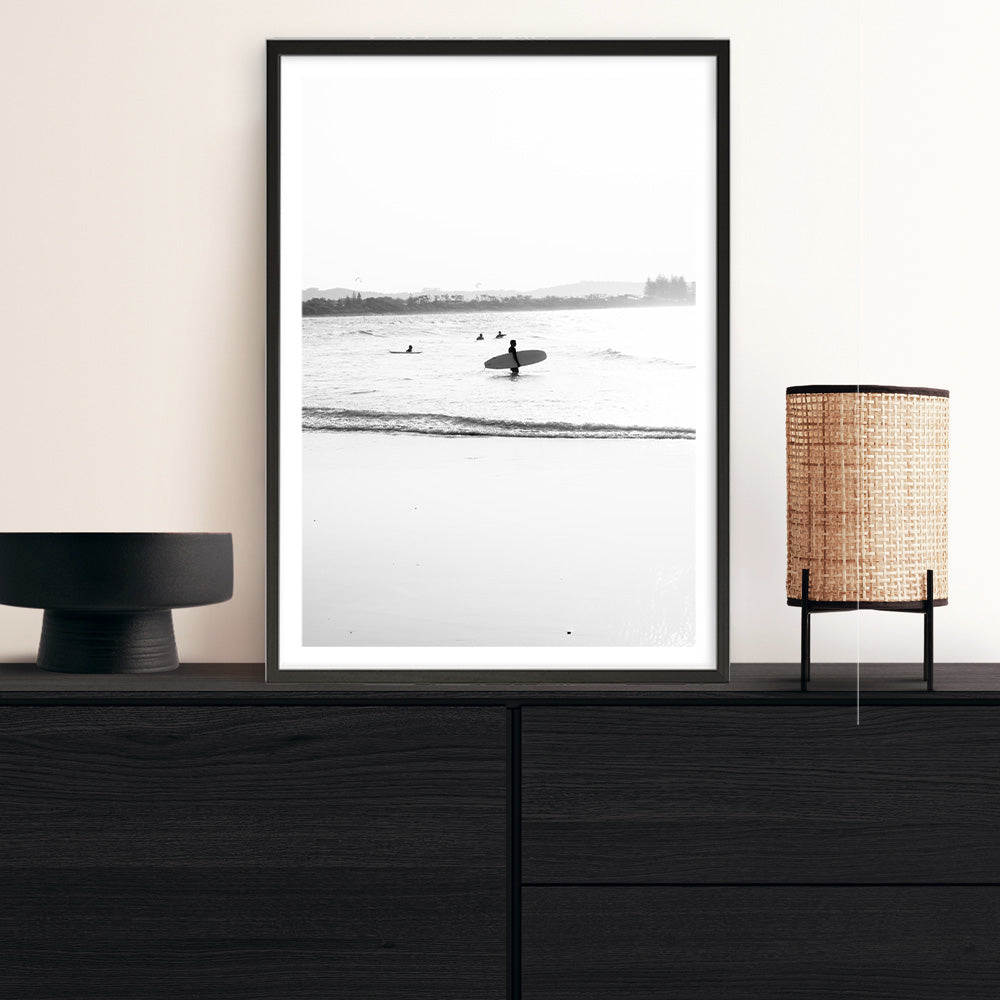 Shop Byron Surfer III B&W Photo Art Print a coastal themed photography wall art print from The Print Emporium wall artwork collection - Buy Australian made fine art poster and framed prints for the home and your interior decor, TPE-1047-AP