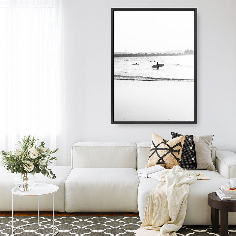 Shop Byron Surfer III B&W Photo Canvas Print a coastal themed photography framed stretched canvas print from The Print Emporium wall artwork collection - Buy Australian made prints for the home and your interior decor space, TPE-1047-CA-35X46-NF