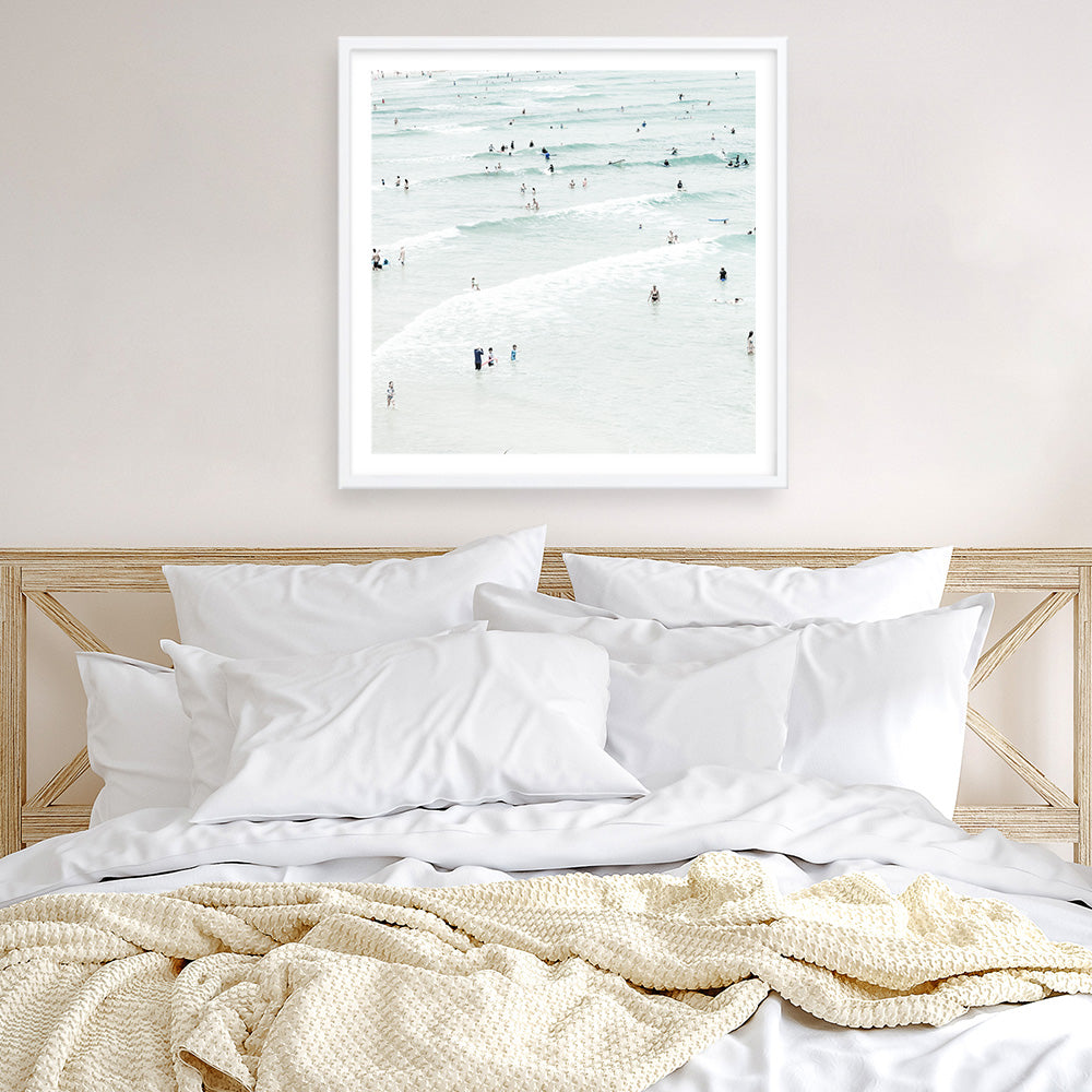 Shop Byron Swimmers (Square) Photo Art Print a coastal themed photography wall art print from The Print Emporium wall artwork collection - Buy Australian made fine art poster and framed prints for the home and your interior decor, TPE-1022-AP