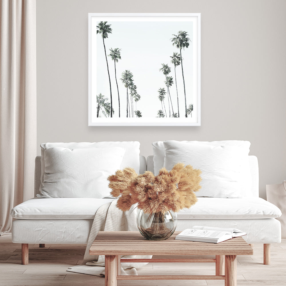 Shop California Palms II (Square) Art Print a coastal themed painted wall art print from The Print Emporium wall artwork collection - Buy Australian made fine art painting style poster and framed prints for the home and your interior decor room, TPE-481-AP