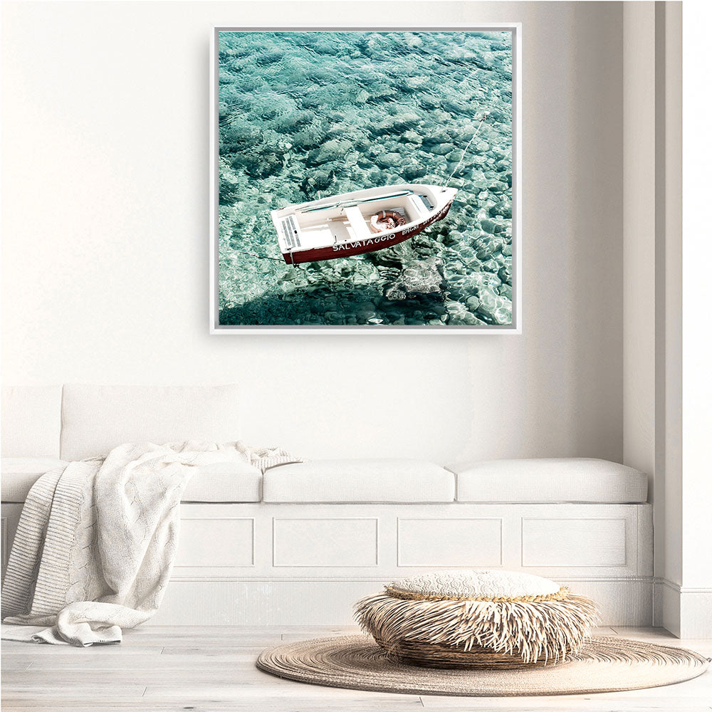 Shop Capri Boat I (Square) Photo Canvas a coastal themed photography framed stretched canvas print from The Print Emporium wall artwork collection - Buy Australian made prints for the home and your interior decor space, TPE-945-CA-40X40-NF