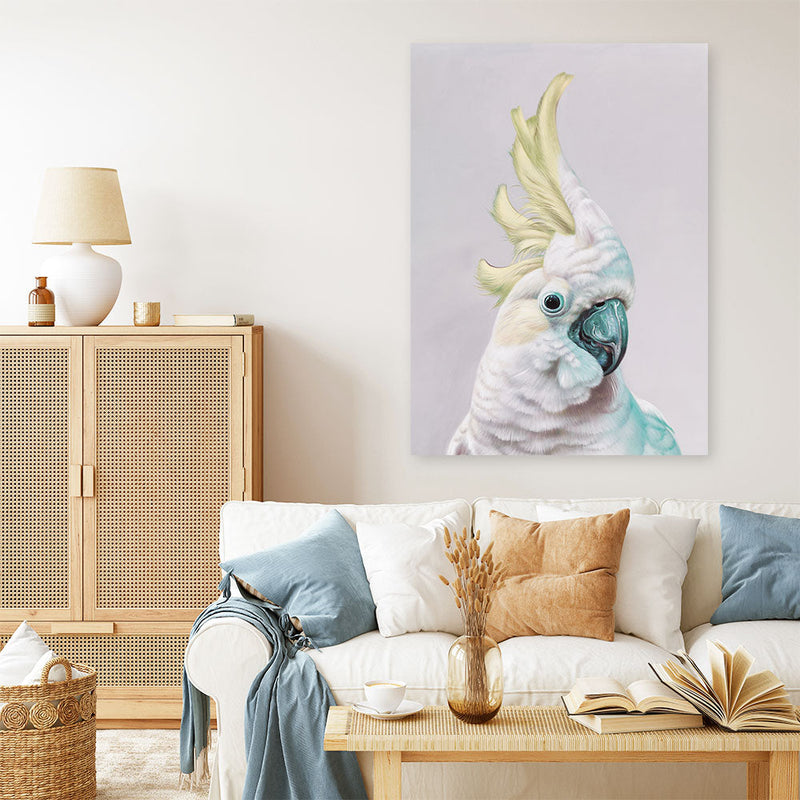 Shop Charlie The Cockatoo (Ice) Canvas Print a painted bird themed framed canvas wall art print from The Print Emporium artwork collection - Buy Australian made fine art painting style stretched canvas prints for the home and your interior decor space, TPE-221-CA-35X46-NF