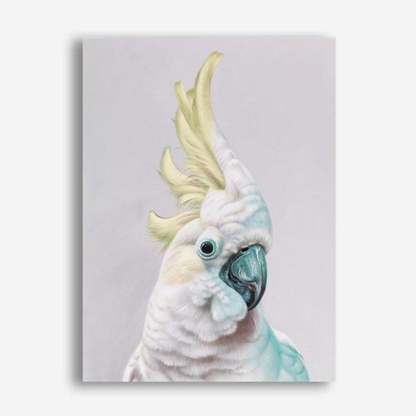 Shop Charlie The Cockatoo (Ice) Canvas Print a painted bird themed framed canvas wall art print from The Print Emporium artwork collection - Buy Australian made fine art painting style stretched canvas prints for the home and your interior decor space, TPE-221-CA-35X46-NF