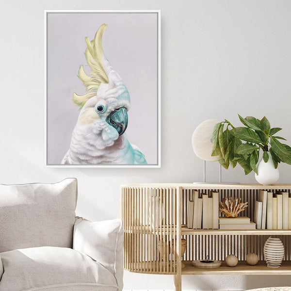Shop Charlie The Cockatoo (Ice) Canvas Print a painted bird themed framed canvas wall art print from The Print Emporium artwork collection - Buy Australian made fine art painting style stretched canvas prints for the home and your interior decor space, TPE-221-CA-35X46-NF