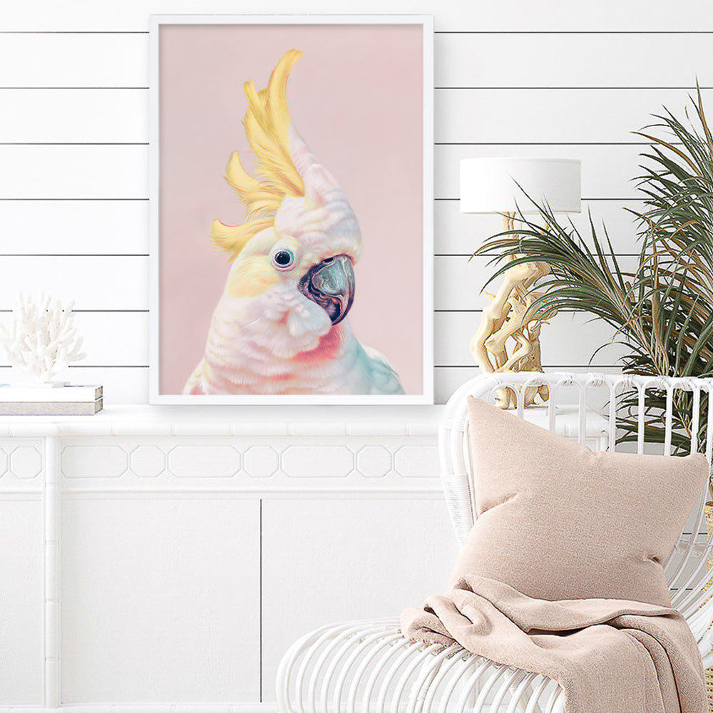 Shop Charlie The Cockatoo (Pink) Art Print a painted bird themed wall art print from The Print Emporium wall artwork collection - Buy Australian made fine art painting style poster and framed prints for the home and your interior decor room, TPE-220-AP