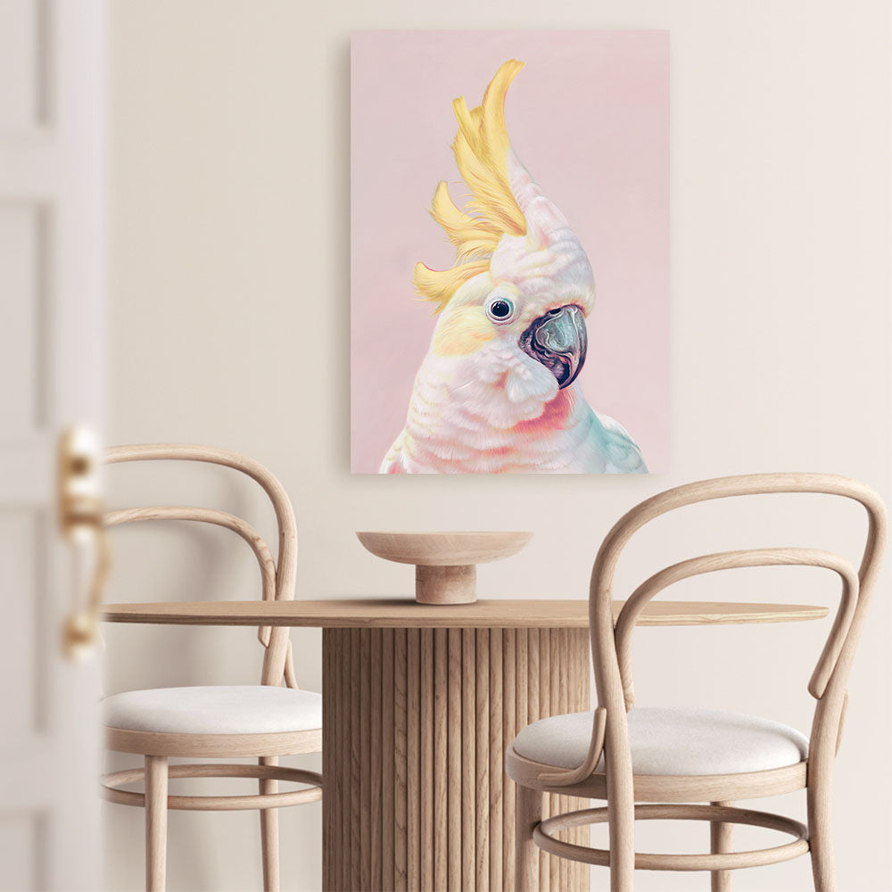 Shop Charlie The Cockatoo (Pink) Canvas Print a painted bird themed framed canvas wall art print from The Print Emporium artwork collection - Buy Australian made fine art painting style stretched canvas prints for the home and your interior decor space, TPE-220-CA-35X46-NF