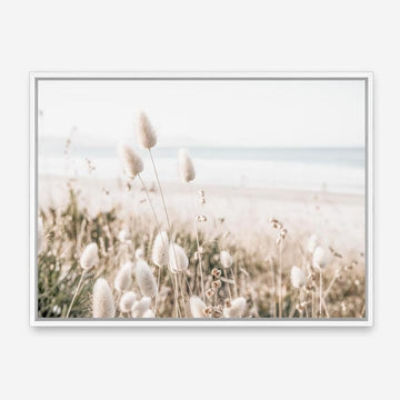 Coastal pampas grass canvas print in soft beige and cream tones, beach setting, neutral botanical wall art, by The Print Emporium