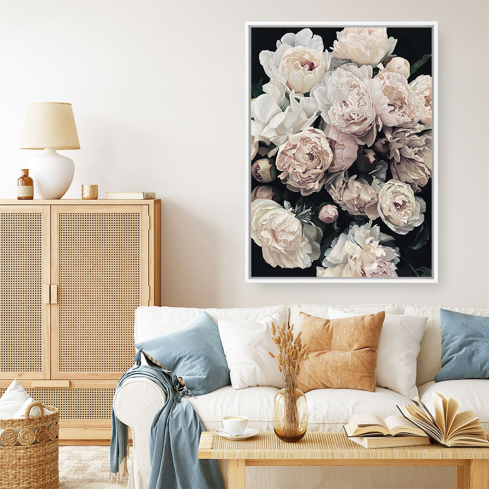 Shop Dark Blooms I Canvas Print a floral themed painted framed canvas wall art print from The Print Emporium artwork collection - Buy Australian made fine art painting style stretched canvas prints for the home and your interior decor space, TPE-322-CA-35X46-NF