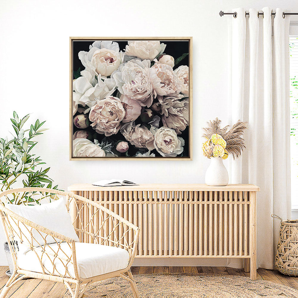 Shop Dark Blooms I (Square) Canvas Print a floral themed painted framed canvas wall art print from The Print Emporium artwork collection - Buy Australian made fine art painting style stretched canvas prints for the home and your interior decor space, TPE-362-CA-40X40-NF