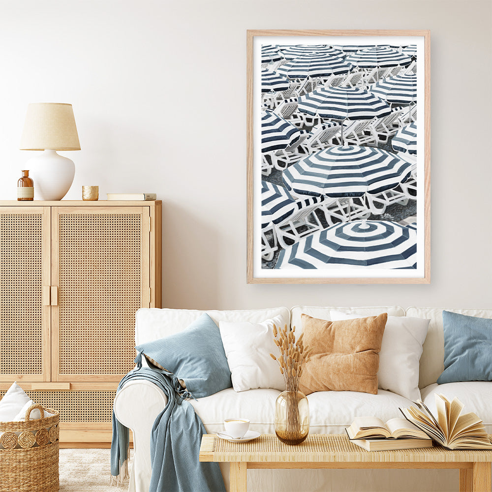 Shop Dark Blue Beach Umbrellas Art Print a coastal themed painted wall art print from The Print Emporium wall artwork collection - Buy Australian made fine art painting style poster and framed prints for the home and your interior decor room, TPE-473-AP