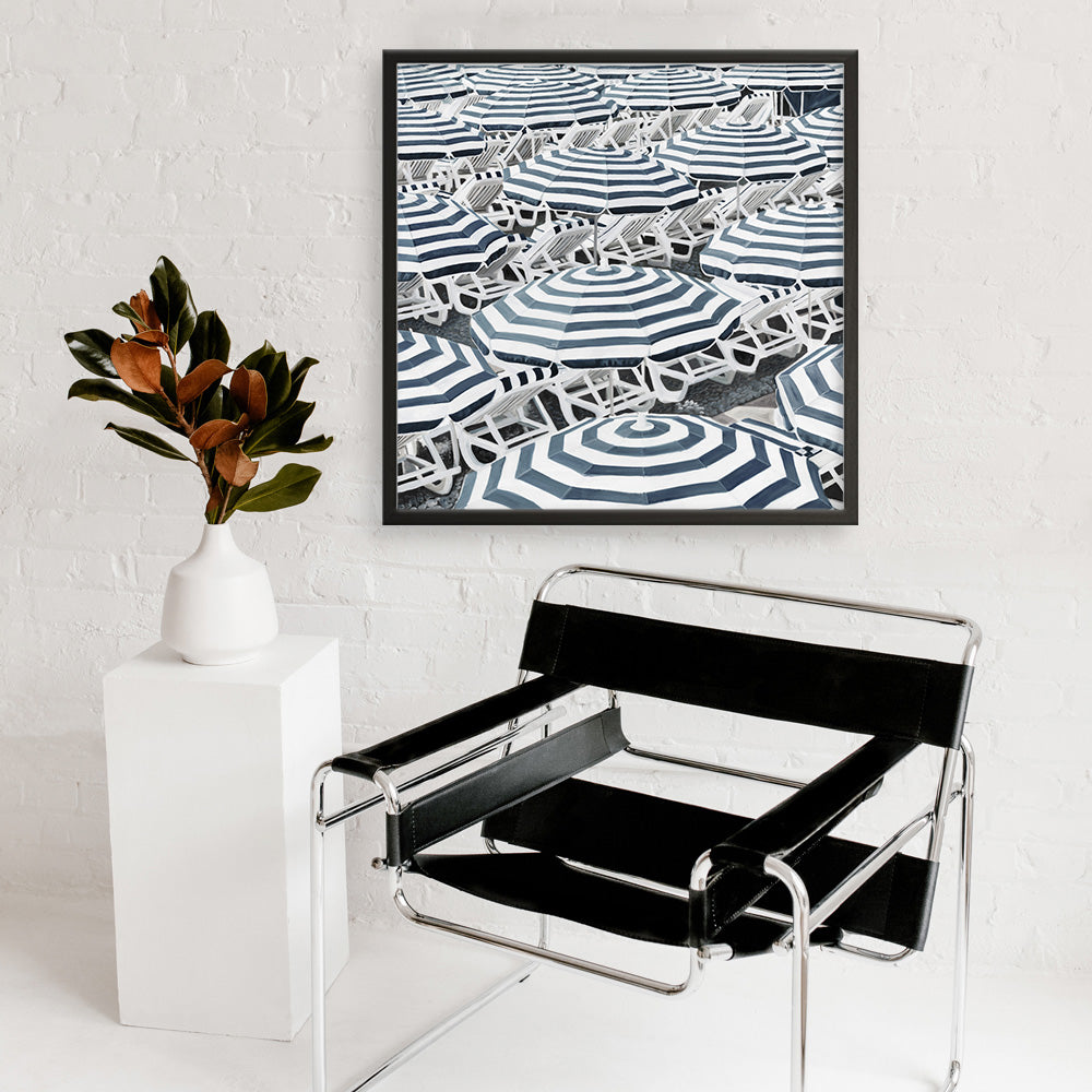 Shop Dark Blue Beach Umbrellas (Square) Art Print a coastal themed painted wall art print from The Print Emporium wall artwork collection - Buy Australian made fine art painting style poster and framed prints for the home and your interior decor room, TPE-434-AP