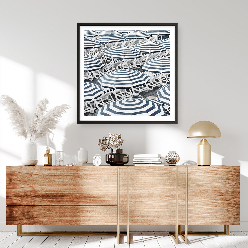 Shop Dark Blue Beach Umbrellas (Square) Art Print a coastal themed painted wall art print from The Print Emporium wall artwork collection - Buy Australian made fine art painting style poster and framed prints for the home and your interior decor room, TPE-434-AP