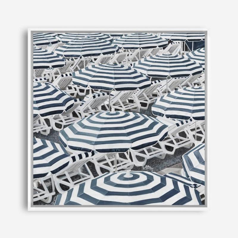 Shop Dark Blue Beach Umbrellas (Square) Canvas Print a coastal themed painted framed canvas wall art print from The Print Emporium artwork collection - Buy Australian made fine art painting style stretched canvas prints for the home and your interior decor space, TPE-434-CA-40X40-NF
