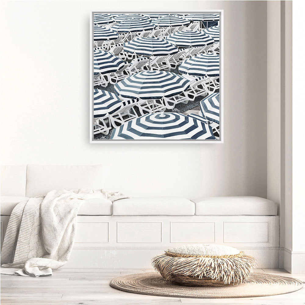 Shop Dark Blue Beach Umbrellas (Square) Canvas Print a coastal themed painted framed canvas wall art print from The Print Emporium artwork collection - Buy Australian made fine art painting style stretched canvas prints for the home and your interior decor space, TPE-434-CA-40X40-NF