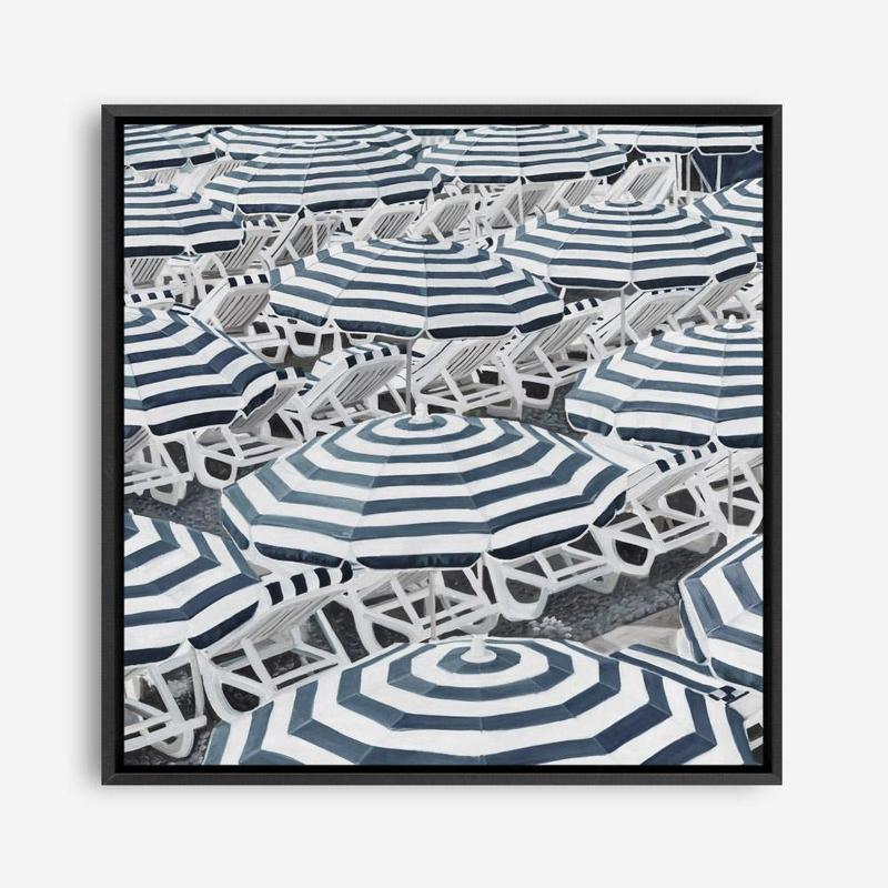 Shop Dark Blue Beach Umbrellas (Square) Canvas Print a coastal themed painted framed canvas wall art print from The Print Emporium artwork collection - Buy Australian made fine art painting style stretched canvas prints for the home and your interior decor space, TPE-434-CA-40X40-NF