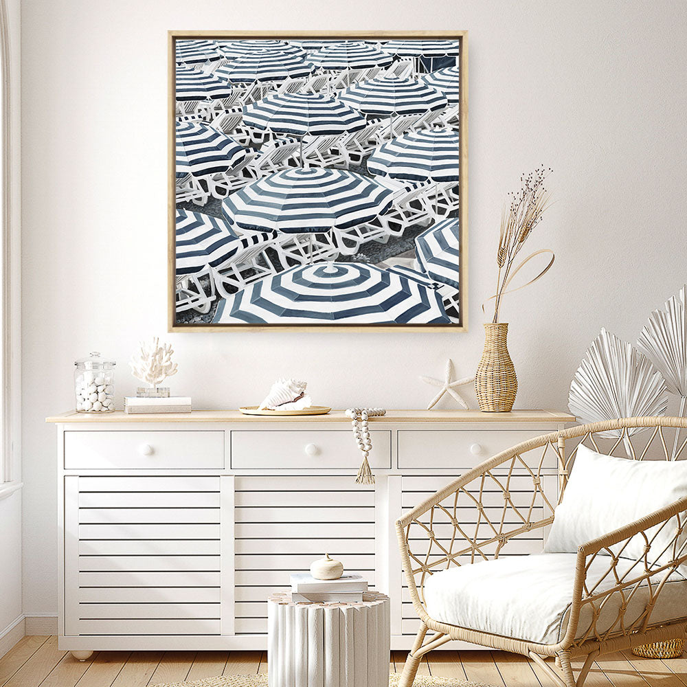 Shop Dark Blue Beach Umbrellas (Square) Canvas Print a coastal themed painted framed canvas wall art print from The Print Emporium artwork collection - Buy Australian made fine art painting style stretched canvas prints for the home and your interior decor space, TPE-434-CA-40X40-NF